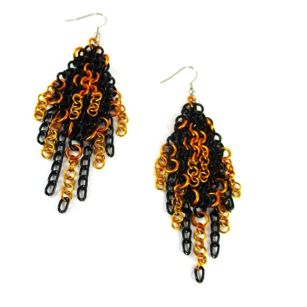Chains Links Orange Black Light Fun Chainmail Drop Earrings Witch Punk